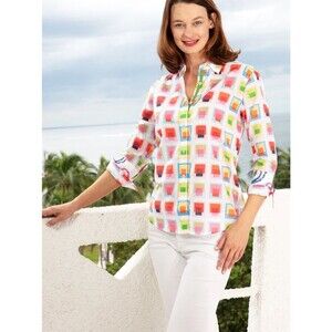 DIZZY LIZZIE 3/4 SLEEVE ROME SHIRT MULTI COLORED BOXES VOILE